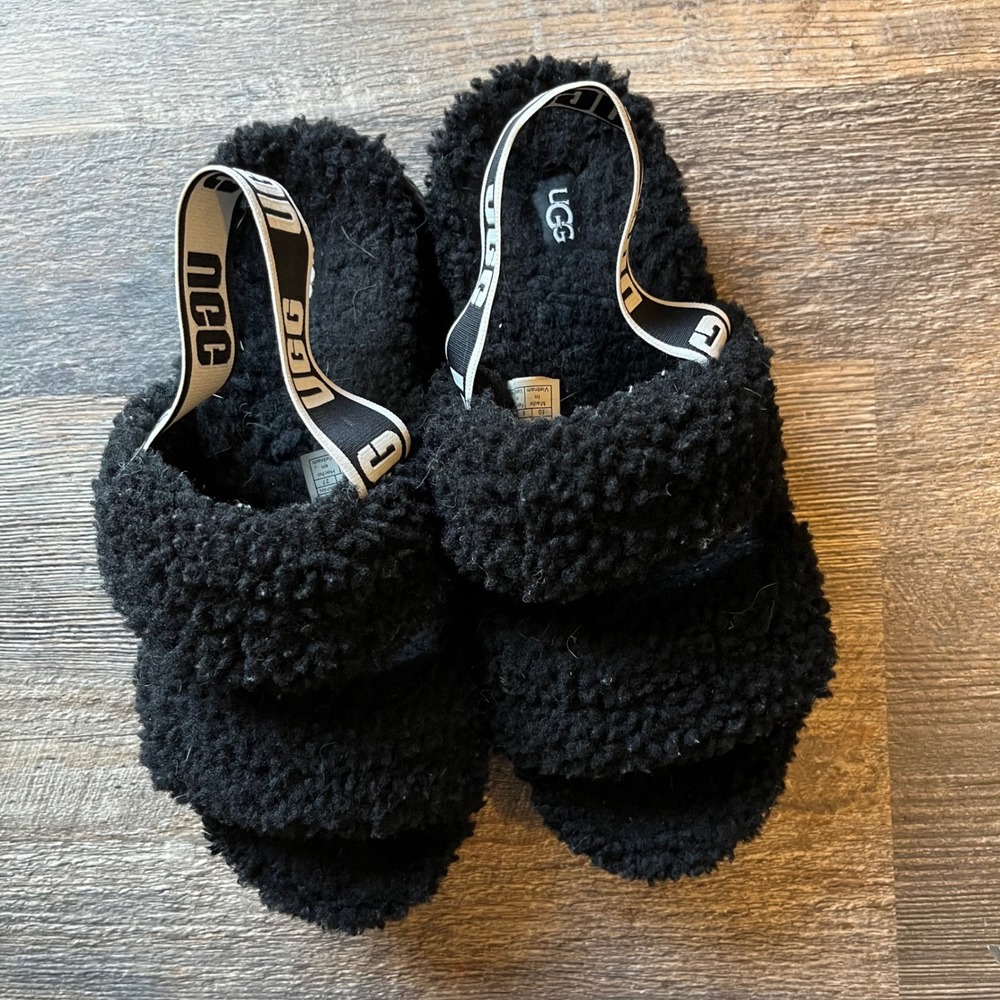 UGG Fluff Yeah Black Shearling Slingback Slippers Slides Women's‎ Shoes